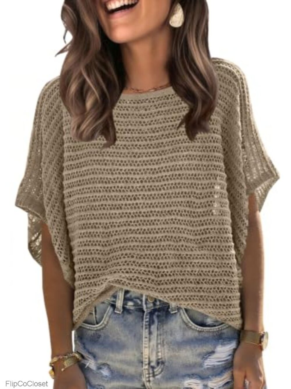 Ribbed Knit Crochet Tunic Sweater Pullover Batwing V-Neck Women's